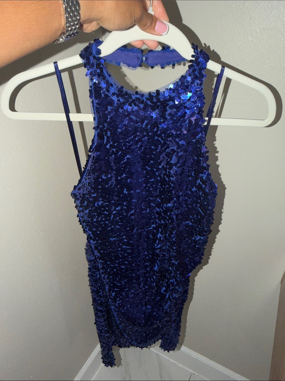Blondie Nites Royal Blue Sequin Halter Dress